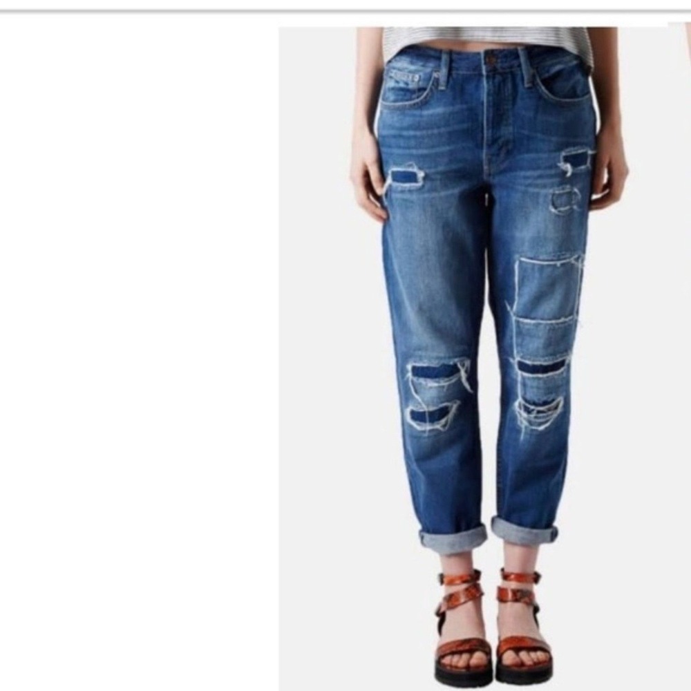 Topshop Denim Blue Patched Distressed Hayden Jeans Size W28L32** Moto